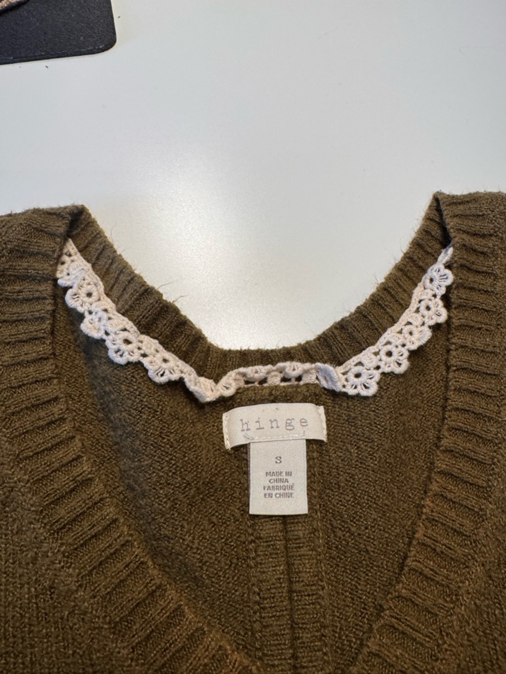 hinge Olive V-Neck Sweater with Cream Crochet Trim